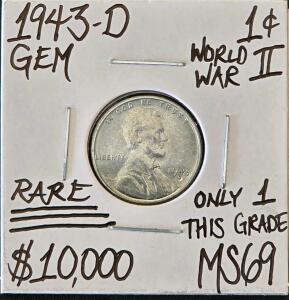 1943-D Lincoln Wheat Cent Steel Penny, Denver Mint, World War II Issue, Claimed MS69 Grade