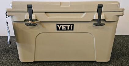 New YETI Tundra 45 Tan Rotomolded Cooler, 45 Quart Capacity, Includes Basket & YETI Ice, Heavy-Duty Latches (FL 1000)