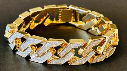 Angled Cuban Link Bracelet, 0.6In Wide, Pav&eacute; CZ, Gold Tone Finish, Box Clasp, Hip-Hop Design