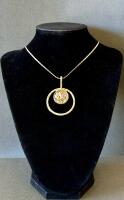 Large Gold-Tone Rope Chain Necklace With Circular Abalone Shell Pendant, Hammered Finish