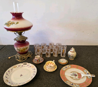 Vintage Hurricane Lamp, Mixed Libbey Gold Leaf Glassware, Mixed Decorative China Set (Lamp Plugged In And Functioning)