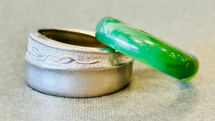 Silver Floral Spoon Ring Size 8 & Green Jade Band Size 7.5, Wide Size, Vintage Style, Floral Engraving