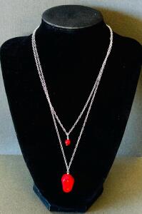 Layered Double Chain Necklace, Silver-Tone, Red Stone & Bead Pendants, 16"/20" Length, Modern