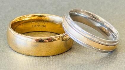Men's Gold Tungsten Carbide Ring Size 13 & 10 KT Stainless Steel Wedding Band size 10, Hallmarked