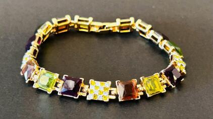 Multicolor Square-Cut Tennis Bracelet, Gold-Tone, Checkerboard Accents, Box Clasp, 7.5"