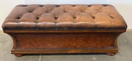 Brown Leather Tufted Storage Ottoman Bench with Nailhead Trim and Bun Feet