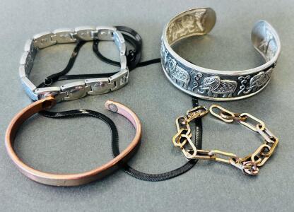 Mixed Metal Jewelry Lot: 4 Bracelets & Black Chain Necklace &ndash; Elephant Motif, Copper, Steel
