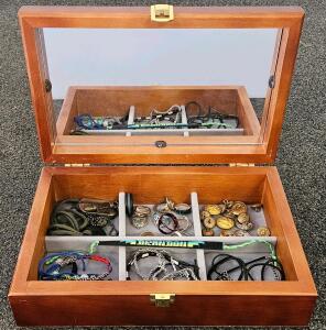 Assorted Costume Jewelry & Military Buttons Collection in Wooden Display Case