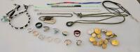 Assorted Costume Jewelry & Military Buttons Collection in Wooden Display Case - 2