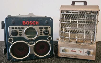 Bosch Power Box PB360C Jobsite Radio Charger, 4 GFCI Outlets, AM/FM/CD, AUX, 18V Battery Bay. Vintage Markel Neo-Glo portable electric space heater from the mid-20th century. (Both tested and work)