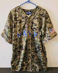Navy Digital Camo Baseball Jersey, Button-Up, U.S. Flag & Eagle Patches, Blue-Yellow Trim