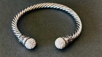 Silver-Tone Twisted Cable Cuff Bracelet with Pav&eacute; Crystal Ends, 6mm Width