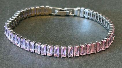 Silver-Tone Pink Baguette-Cut CZ Tennis Bracelet, 6.75" Length
