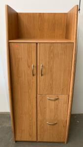 Light Wood Grain Storage Cabinet with 2 Doors, 2 Drawers, and Multiple Shelves