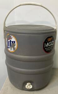 Gray 5 Gallon Barrel Beverage Cooler with Spigot, Handle & Lid &ndash; Miller Lite/MGD Promo Graphics