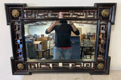 Asian Chinoiserie Geometric Wall Mirror, Black & Red Lacquered Wood, Gold Medallions, 40"x28"