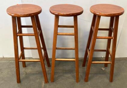 Set of 3 Wooden Bar Stools, 29" Height, Round Seats, Brown Stain, Backless
