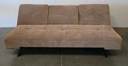 Convertible Tan Futon Sofa Bed, Two Blue Upholstered Button-Tufted Dining Chairs, Wood Legs Set