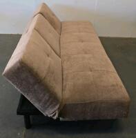 Convertible Tan Futon Sofa Bed, Two Blue Upholstered Button-Tufted Dining Chairs, Wood Legs Set - 2