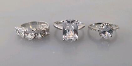 Set of Three Silver-Tone Rings with Cubic Zirconia Stones