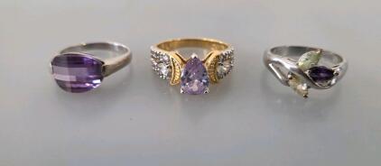 Three Fashion Rings: Amethyst & Citrine Stones, Silver-Tone & Gold-Tone Settings, Size Unknown