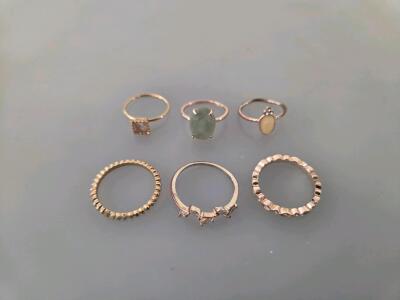 Set of 6 Stackable Gold-Tone Fashion Rings, Mixed Stones & Designs, Modern, Various Sizes
