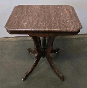 Victorian Marble-Top Parlor Table, Brown Marble, Carved Wood Base, 4 Casters, 29"x20"x29"