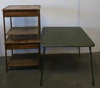 Vintage Folding Card Table and Faux Bamboo Side Table with Cane Shelf and Drawer