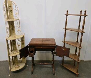 Vintage Corner Shelves (Wood & Floral Metal) and Antique Sewing Machine Cabinet, 1930s-1950s