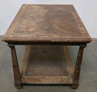 Vintage Wooden Side Table with Drawer and Cane Shelf, 29.5" Square Top