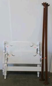 Antique White Wooden Full Bed Frame with Turned Posts, Scroll Headboard & Metal Rails Set