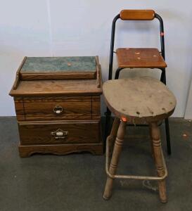 Vintage 2-Drawer Nightstand w/ Faux Marble Top, Wood Work Stool, and Metal-Frame Chair Set