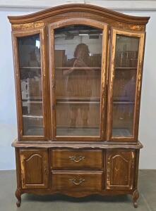 Vintage French Provincial China Cabinet, 3 Glass Doors, Lighted Display, Drawers, Brown Wood