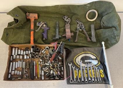 Mixed Hand Tool Set, Pittsburgh & Husky Wrenches, Sockets, Tools, Military Duffel Bag, 80+ pcs