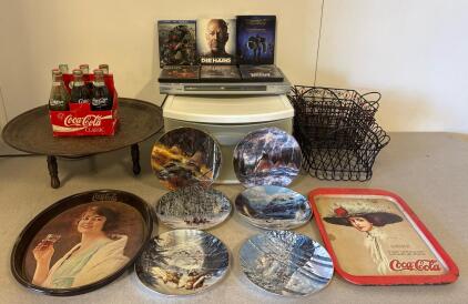 Coca-Cola Trays/Bottles, Wildlife Plates, Metal Baskets, Sony DVD Player, Top Movie Discs Lot *turns on*