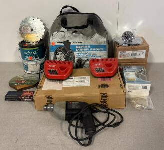 Mixed Lot: Black & Decker 3/8&rdquo; Drill, Milwaukee M12 Chargers, Moen T42315CGR, Valspar Paint, More