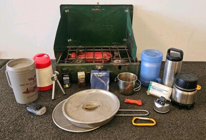 Coleman 413G Two-Burner Green Camp Stove w/ Fuel Tank, Cookware & Survival Kit, 1960s-70s USA