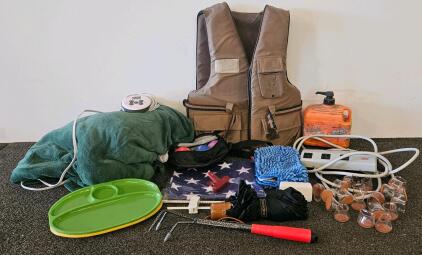Mixed Lot: Sunbeam Electric Blanket, Life Vest, O-Cedar Mop, Ace Power Strip, Trays & More (electronics tested and work)