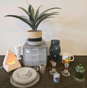 Assorted Household Decor Lot: Faux Agave Plant, Mosaic Vase, Pyramid Lamp, Vintage Glassware