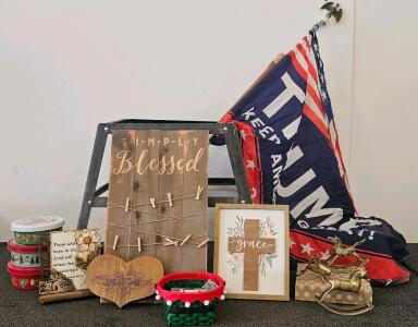 Inspirational Home Decor Lot: Wood Signs, Vintage Brass Rocking Horses, Holiday Tins, Frames, Trump 2020 Keep America Great Flag Set, 3x5 ft, 2-Piece Flagpole, Ryobi Sawhorse Stand