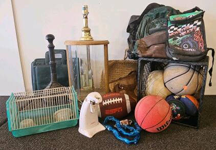 Mixed Lot: Sports Equipment, Sunbeam Can Opener, Lamp, Bags, Cage, Chain & Padlock (electronics tested and work)