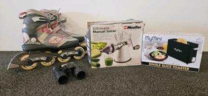 Mueller Ultimate Juicer, K2 Athena Skates, MyMini Single Slice Toaster, Simmons Binoculars, Rollerblades size 10