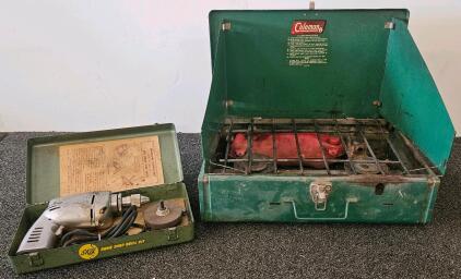 Coleman 425E Two-Burner Camp Stove, 10,000 BTU Burners, Vintage 1960s-1970s, Made in USA. Vintage Skil home shop drill kit (tested, works)