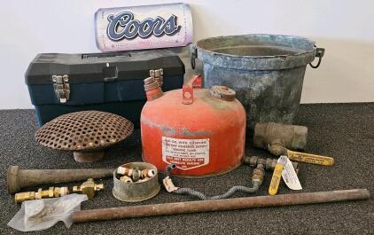 Homelite Metal Gasoline/Oil Mixing Can 2.5 gal Red Steel Vintage with Cap & Label, Apollo ball valve, tool box, and more