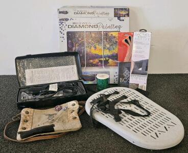 Mixed Merchandise Lot: Diamond Art Kit, Exercise Bands, Blender (tested, works), Vintage Pouch, Snowshoes, Ribbon