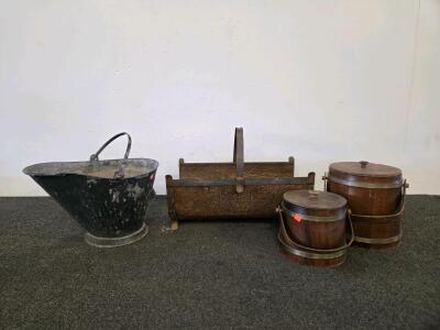 Vintage Coal Scuttle, Hammered Copper Firewood Holder, and Wooden Storage Pails &ndash; Fireplace Set