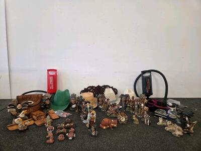 Large Mixed Lot of Western-Themed Collectibles (Figurines, Leather Goods, Hats, Wall Rack & More)