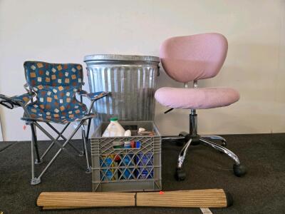Pink Armless Rolling Office Chair, Height Adjustable with Chrome Base and 5 Casters, Children's Folding Chair, Milk Crate of Cleaners, & Metal Trashcan with Lid