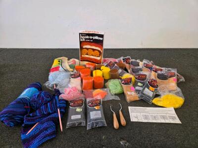 Malina Hook-a-Pillow Kit, Red Heart Rug Yarn Lot, Latch Hook Tools, Knitting Needles & Projects