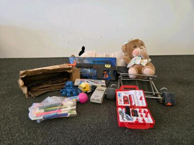 Mixed Vintage Toys Lot: Metal Cart Frame, M-16 Toy, Plush Pug, Car Playset